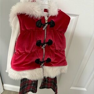 Red Velvet Hooded Vest with Faux Fur Trim
